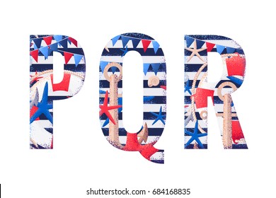 Vector alphabet set. Retro maritime letters P, Q, R. Striped vest with flags, seashells, starfishes, anchors  and life buoy