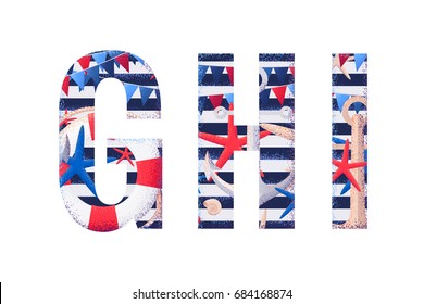Vector alphabet set. Retro maritime letters G, H, I. Striped vest with flags, seashells, starfishes, anchors  and life buoy