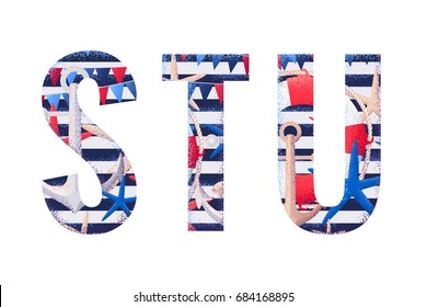 Vector alphabet set. Retro maritime letters S, T, U. Striped vest with flags, seashells, starfishes, anchors  and life buoy