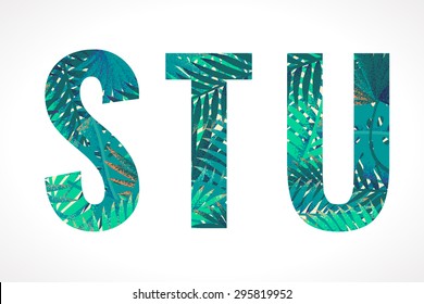 Vector alphabet set. Retro palm letters S, T, U