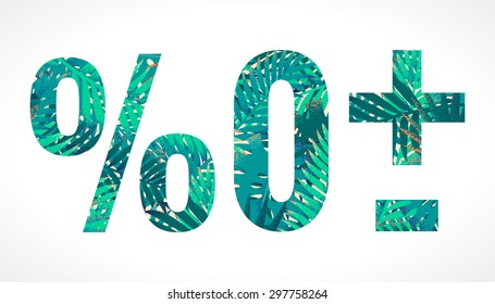 Vector alphabet set. Retro palm leaves elements. Zero, percent sign, plus sign, minus sign