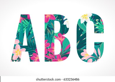 Vector alphabet set. Retro tropical letters A, B, C. Pink and white frangipani (plumeria) flowers with palm leaves