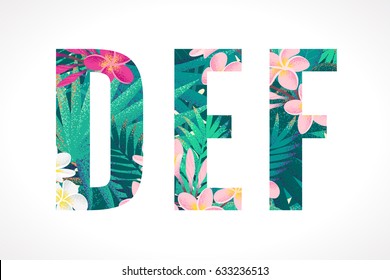 Vektoralphabet-Set. Retro tropische Buchstaben D, E, F. Rosa-weiße Frangipani-Blüten (Plumeria) mit Palmblättern