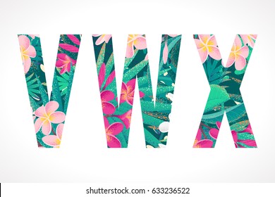 Vector alphabet set. Retro tropical letters V, W, X. Pink and white frangipani (plumeria) flowers with palm leaves