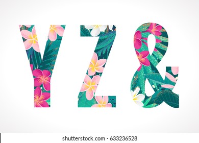 Vector alphabet set. Retro tropical letters Y, Z, ampersand. Pink and white frangipani (plumeria) flowers with palm leaves