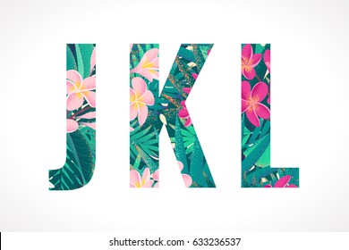 Vector alphabet set. Retro tropical letters J, K, L. Pink and white frangipani (plumeria) flowers with palm leaves