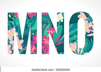 Vector alphabet set. Retro tropical letters M, N, O. Pink and white frangipani (plumeria) flowers with palm leaves