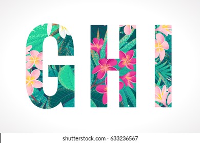 Vector alphabet set. Retro tropical letters G, H, I. Pink and white frangipani (plumeria) flowers with palm leaves