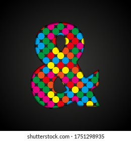 Vector alphabet sign made colorful dots - ampersand. Glitter font shape of color dots, points, circles. Creative disco club bright sparkle. Colour glitters, sparkles, paillettes letters.
