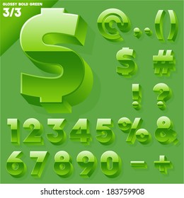 Vector alphabet of simple 3d glossy letters. Sans bold. Green Symbols