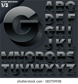 Vector alphabet of simple 3d glossy letters. Sans bold.  Black Upper cases