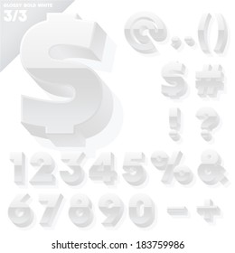 Vector alphabet of simple 3d glossy letters. Sans bold. White Symbols