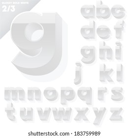 Vector alphabet of simple 3d glossy letters. Sans bold.  White Small cases