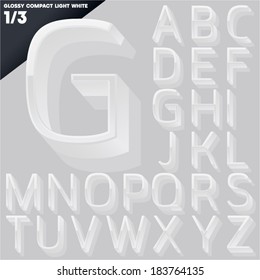 Vector alphabet of simple 3d glossy letters. Compact light. White Upper cases