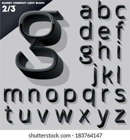 Vector alphabet of simple 3d glossy letters. Compact light. Black Small cases