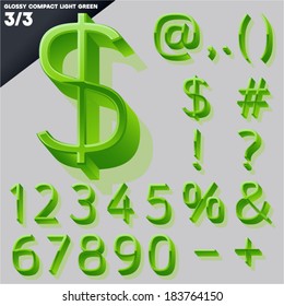 Vector alphabet of simple 3d glossy letters. Compact light. Green Symbols