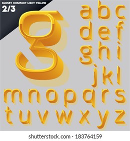 Vector alphabet of simple 3d glossy letters. Compact light. Yellow Small cases
