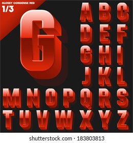 Vector alphabet of simple 3d glossy letters. Condensed. Red Upper cases