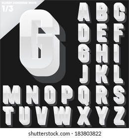 Vector alphabet of simple 3d glossy letters. Condensed. White Upper cases
