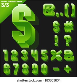 Vector alphabet of simple 3d glossy letters. Condensed. Green Symbols