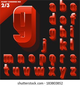 Vector alphabet of simple 3d glossy letters. Condensed. Red Small cases