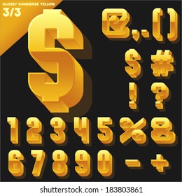 Vector alphabet of simple 3d glossy letters. Condensed. Yellow Symbols