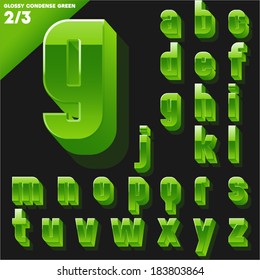 Vector alphabet of simple 3d glossy letters. Condensed. Green Small cases
