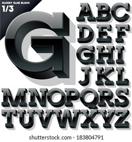 Vector alphabet of simple 3d glossy letters. Slab. Black Upper cases