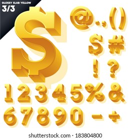 Vector alphabet of simple 3d glossy letters. Slab. Yellow Symbols