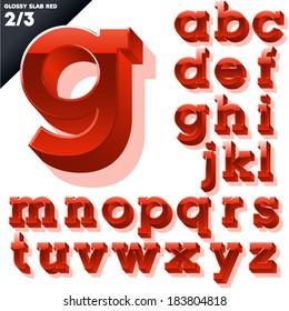 Alfabeto vectorial de simples letras glosas 3d. Paja. Casos pequeños rojos