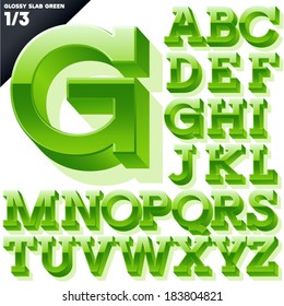 Vector alphabet of simple 3d glossy letters. Slab. Green Upper cases