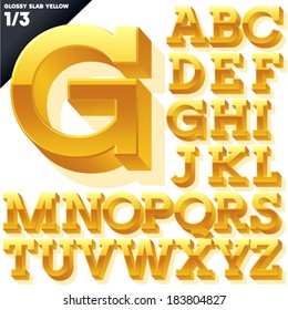 Vector alphabet of simple 3d glossy letters. Slab. Yellow Upper cases