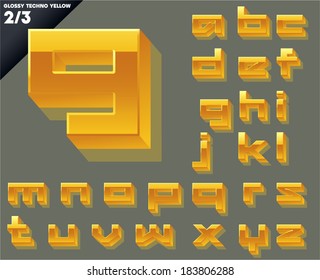 Vector alphabet of simple 3d glossy letters. Techno. Small cases Yellow