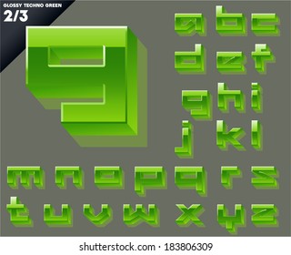 Vector alphabet of simple 3d glossy letters. Techno. Small cases Green