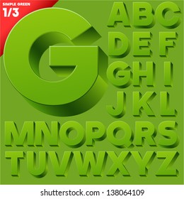 Vector alphabet of simple 3d letters. Sans bold. Upper cases Green