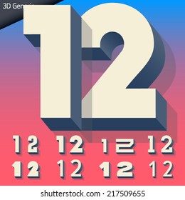 Vector alphabet of simple and generic 3d letters. Numbers 1 2  