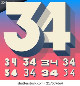 Vector alphabet of simple and generic 3d letters. Numbers 3 4 
