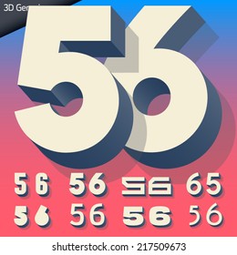 Vector alphabet of simple and generic 3d letters. Numbers 5 6 