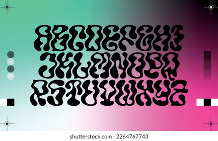 Vector alphabet with smooth distorted shape, colorful gradient glitch background with crop marks.