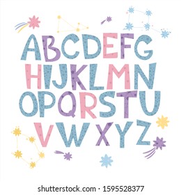 vector alphabet. space alphabet for toddlers and children. pastel color letters. starry sky, cartoon style