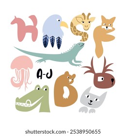 Vector alphabet with stylized letters of different animals AJ