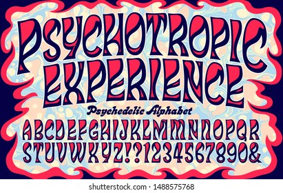 Vector alphabet; a swirling flowing font in the style of psychedelic 1960s lettering, similar to vintage psychedelic posters and album artwork.