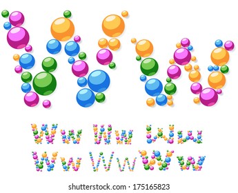 Vector alphabet symbols of colorful bubbles or balls. Letter w