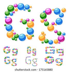 Vector alphabet symbols of colorful bubbles or balls. Letter g