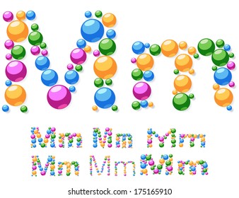 Vector alphabet symbols of colorful bubbles or balls. Letter m