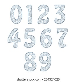 Vector alphabet symbols of snowflakes. Numbers 12= 2 3 4 5 6 7 8 9 0