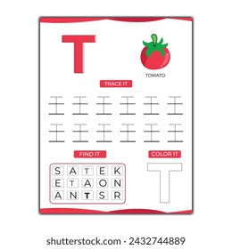  hoja de trabajo de seguimiento de alfabeto vectorial con letra y vocabulario