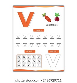 hoja de trabajo de seguimiento de alfabeto vectorial con letra y vocabulario