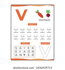 vector alphabet tracing worksheet with letter and vocabulary