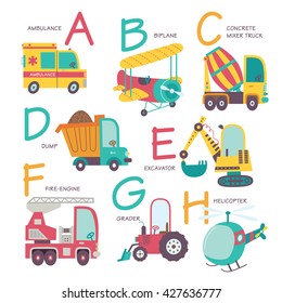 Vector alphabet transport in cartoon style. A, B, C, D, E, F, G, H . Part 1.